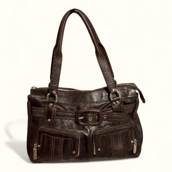 Vintage COLE HAAN Aerin DarkBrown Belt Loops Buckle Accent Large Satchel Handbag - Picture 1 of 16